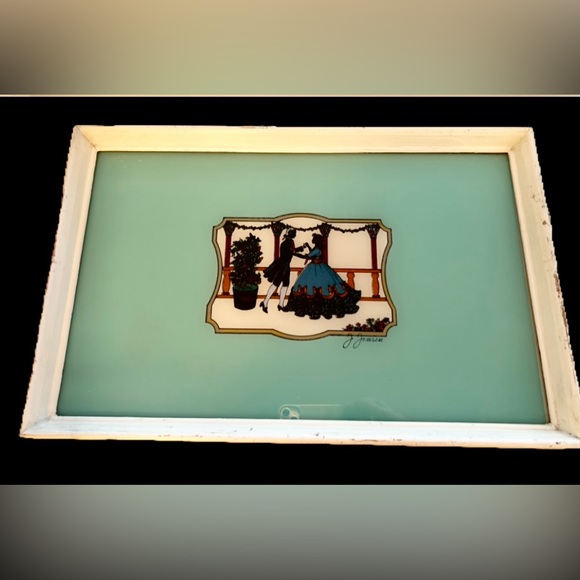 Vintage J. Jensen Foil Art Glass and Wood Tray - Picture 4 of 14